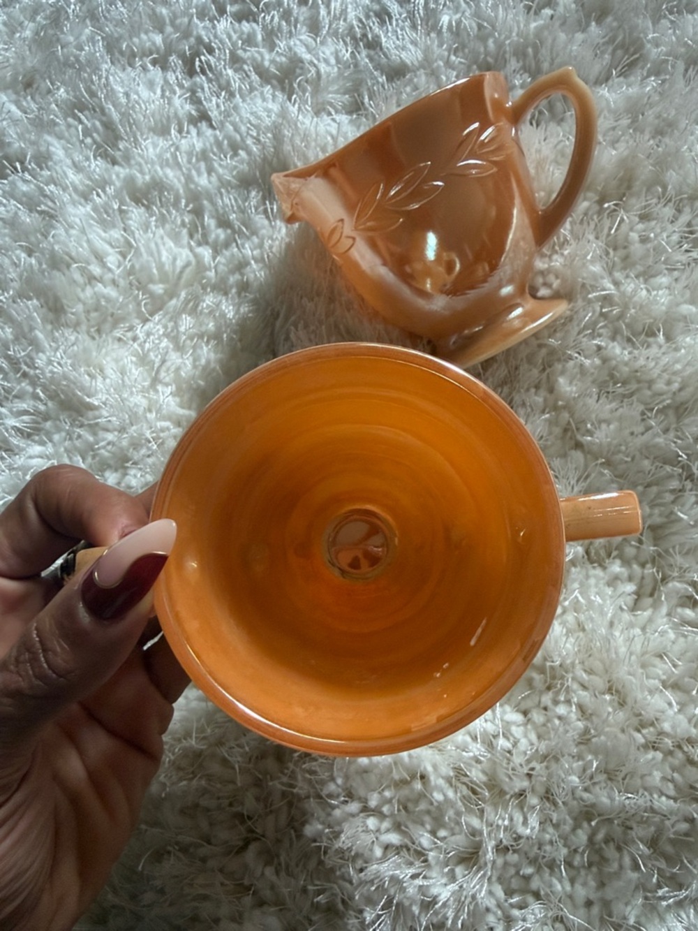 Vintage Fire-King Peach Luster Cream & Sugar Set Iridescent Milk Glass - Picture 2 of 7